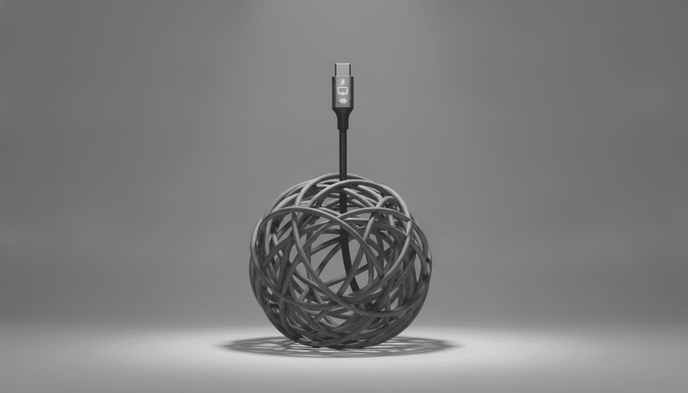 A USB-C explained guide illustration showing multiple USB-C cables, with one clearly marked high-performance cable standing out from the unmarked, lower-quality ones.