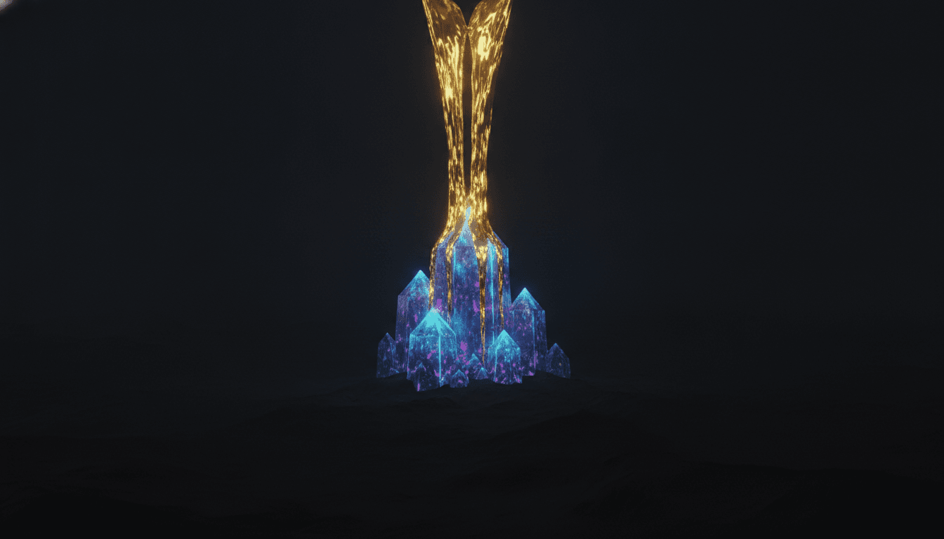 An abstract image representing record venture capital investment in AI, showing a torrent of light pouring into a few glowing towers while the surrounding area remains dark.