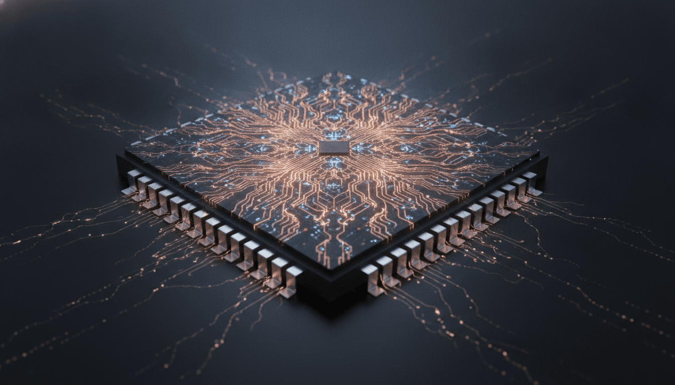 An illustration of a neuromorphic chip, a piece of brain-inspired hardware, with glowing pathways that look like a neural network.