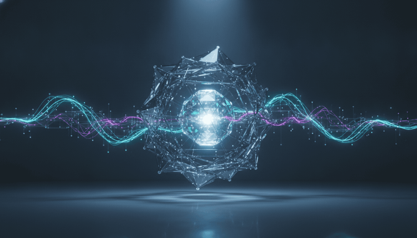An abstract visualization of a quantum computer's core, showing the complexity of what quantum computers can do with glowing light and intricate patterns.