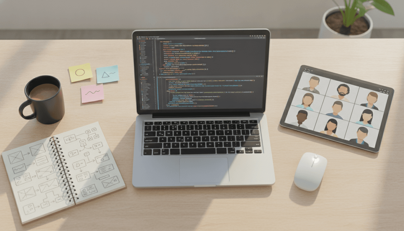 A desk showing the daily tools of a software developer, including a laptop with code, a notebook with diagrams, and a tablet in a video call, illustrating what a software developer does.