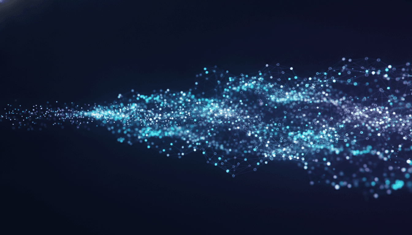An abstract illustration of an AI neural network, showing glowing nodes organized in layers and connected by light pathways, explaining what a neural network is.