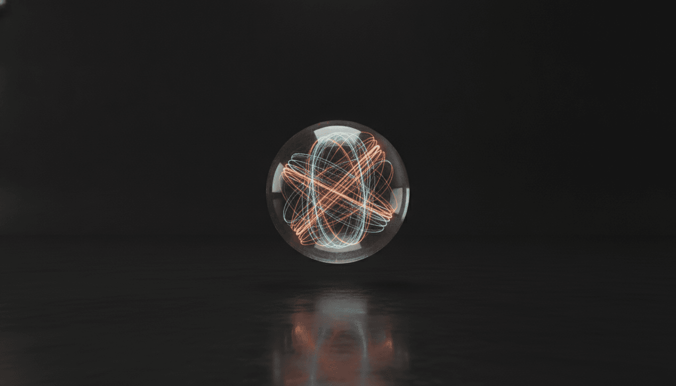 An abstract visualization of a qubit, the building block of quantum computing, showing a glowing sphere with internal energy representing superposition.