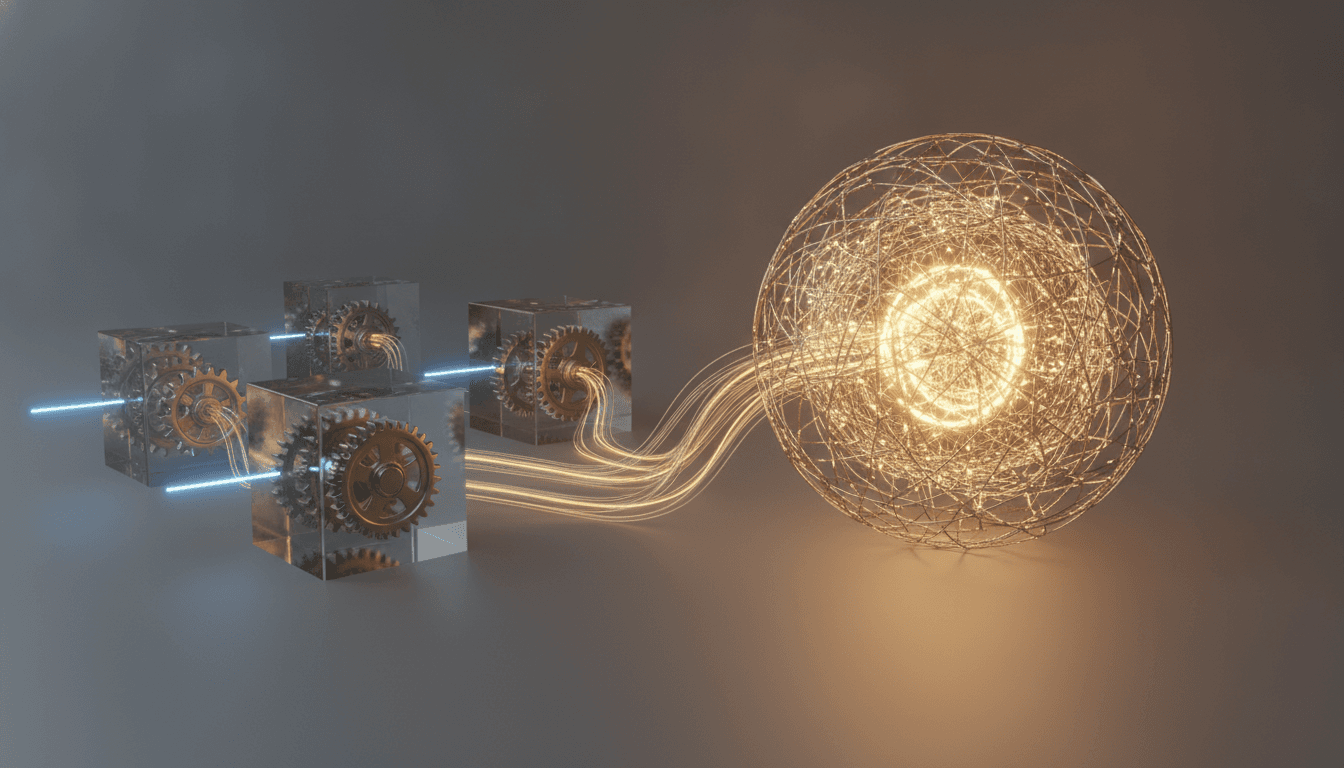 An abstract visualization explaining what AGI is, contrasting the siloed nature of narrow AI with the interconnected, general-purpose intelligence of Artificial General Intelligence.