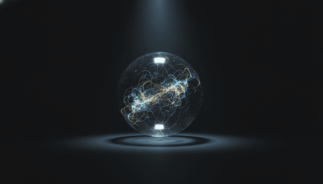 An abstract visualization of a quantum computing qubit, represented by a glowing sphere of interconnected light, symbolizing superposition.