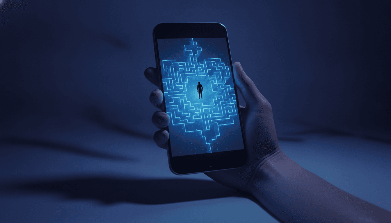 An illustration of a hand holding a smartphone, where the screen is a glowing maze, symbolizing the psychology of app design that makes apps feel addictive.