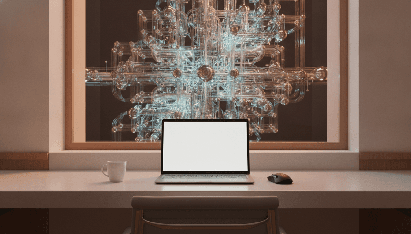 An illustration showing a laptop on a desk, with a view of a complex quantum computer outside the window, symbolizing the difference between personal and specialized computing.
