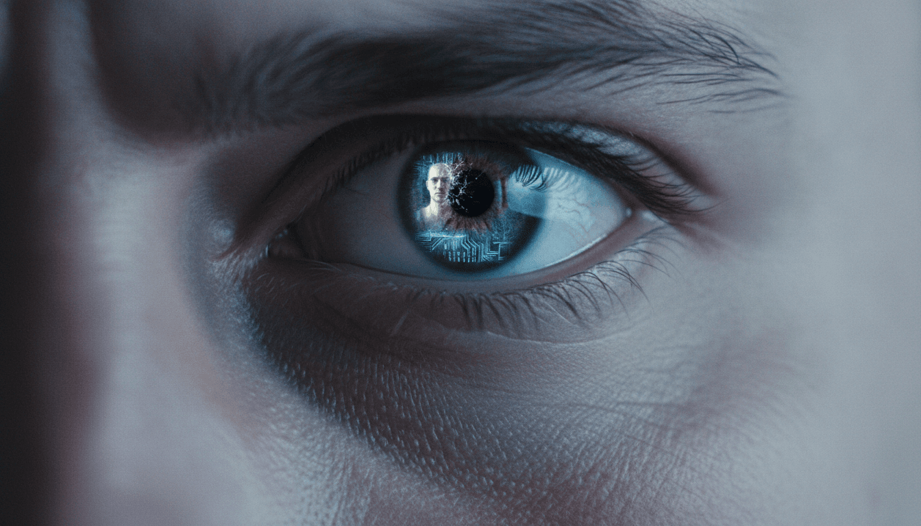 An illustration showing a close-up of an eye examining a digital image that is breaking apart, representing the challenge of determining if you can trust what you see online.