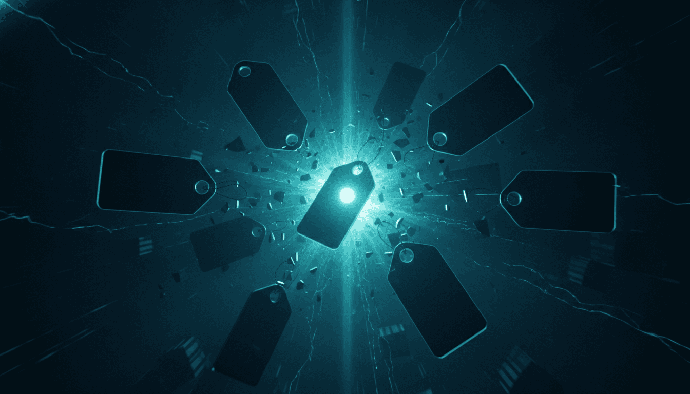 An abstract illustration of the AI price war, showing a glowing, low-priced tag shattering more expensive ones, representing the launch of the Grok 4.5 model.